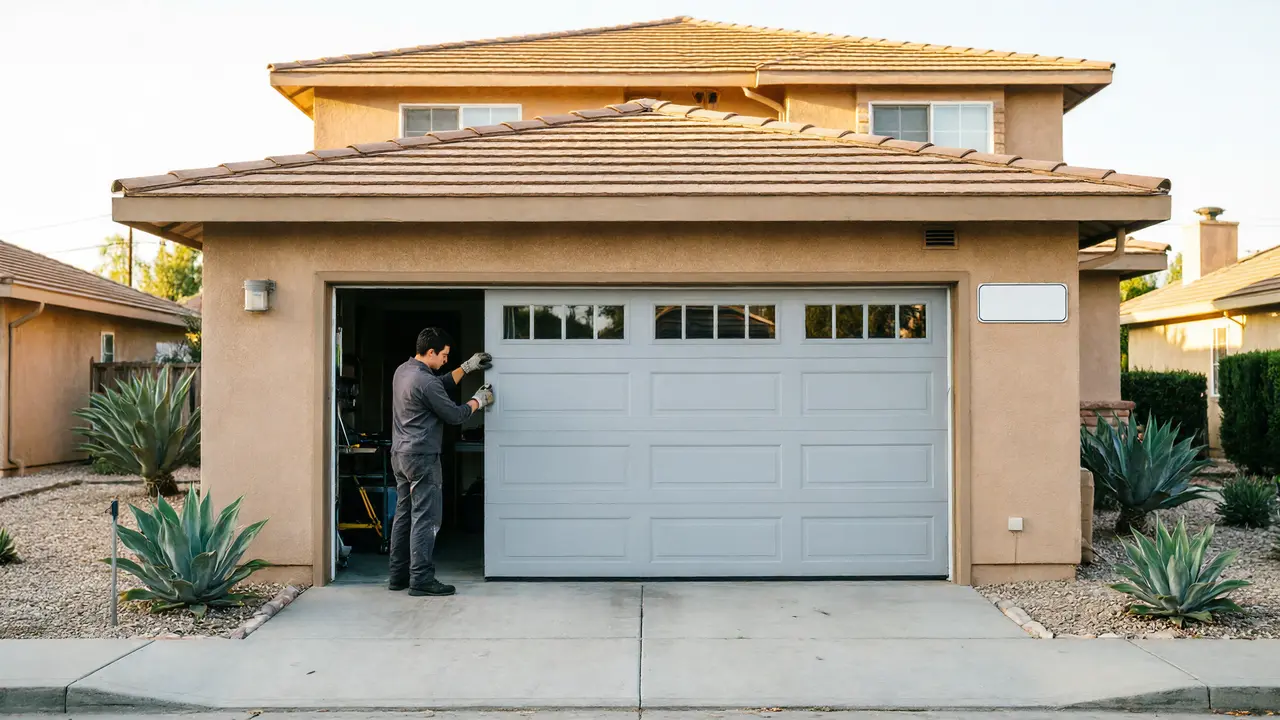 A technician in gray overalls works on a light gray garage door with windows.