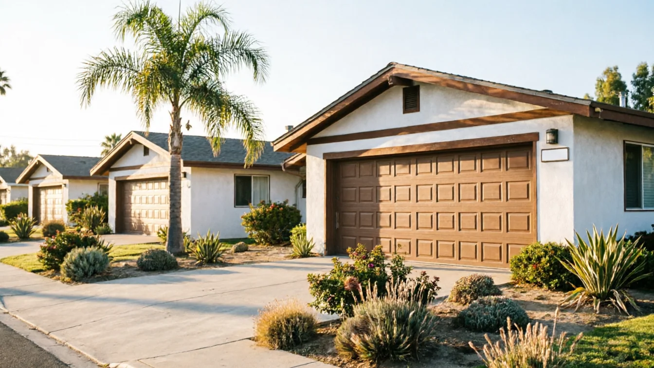 A row of houses with brown garage doors and green landscaping.