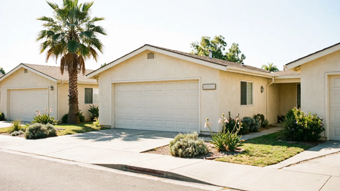 Two beige houses with white garage doors and a palm tree in the middle.