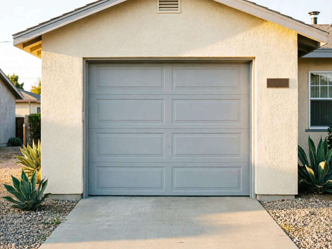 A light gray garage door with panels on a beige house.