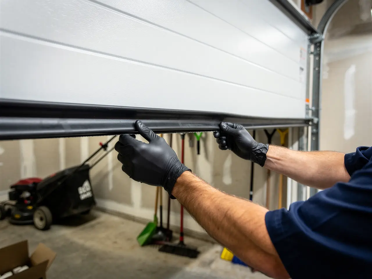 A technician wearing black gloves installs a new seal on a white garage door.