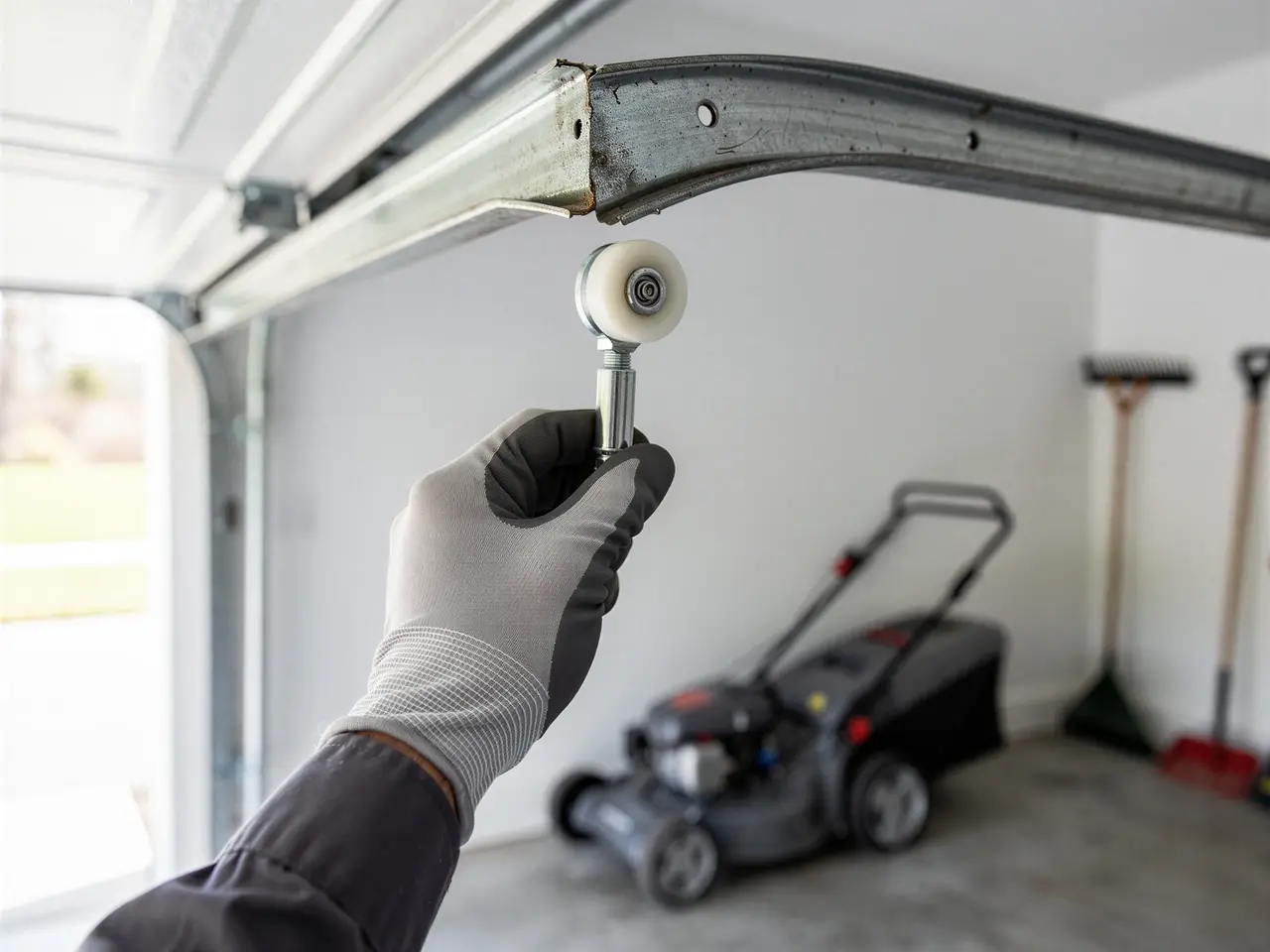 A technician's gloved hand holds a garage door roller near the track.